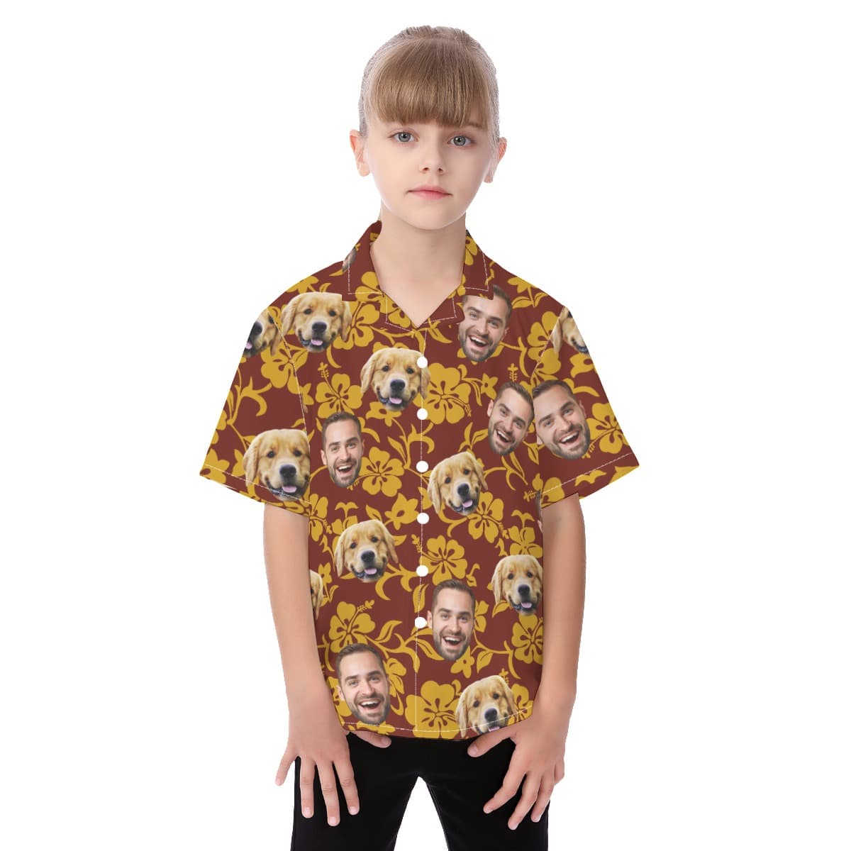 Cute Dog Face Kid's Hawaiian Shirt Red Yellow (1)