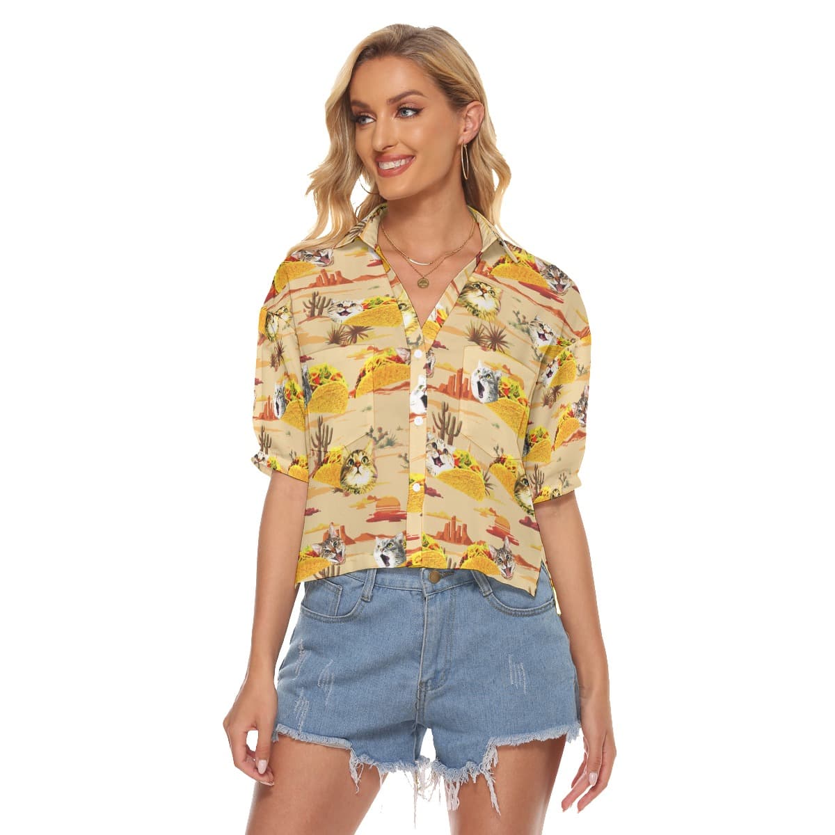 Cute Taco Cat Yellow Aloha Cropped Shirt For Women
