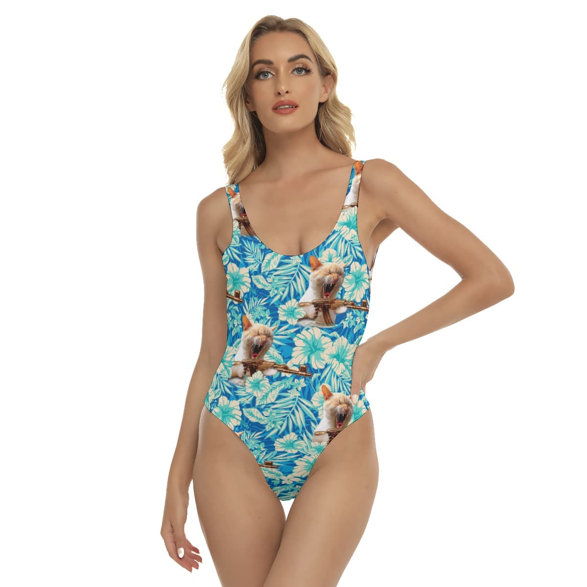 Floral Army Cat Gun Hawaiian Swimsuit For Women (1)