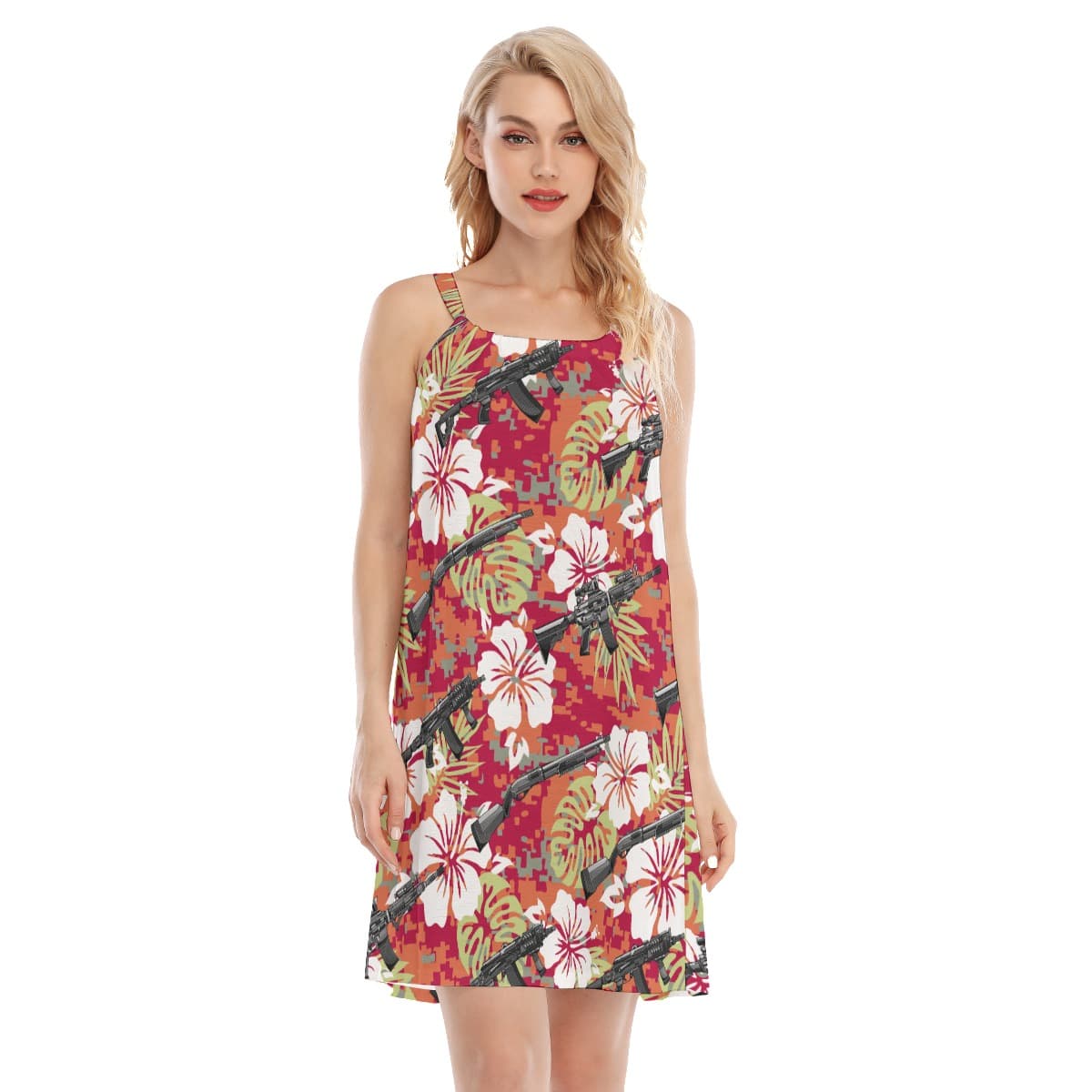 Floral Camo Tactical Gun Red Aloha Summer Dresses (1)