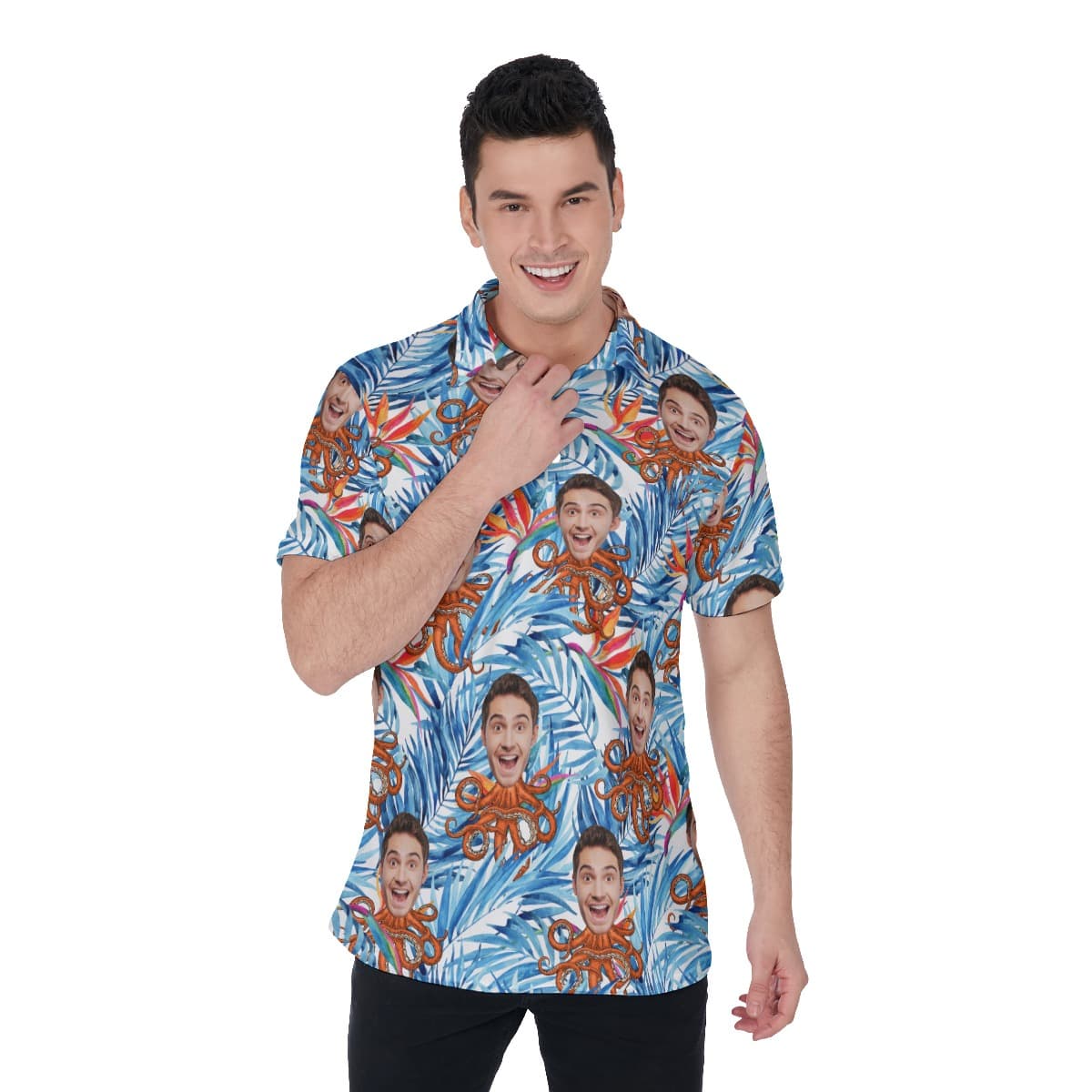 Floral Custom Face Octopus Blue Hawaiian Men's Polo Shirt