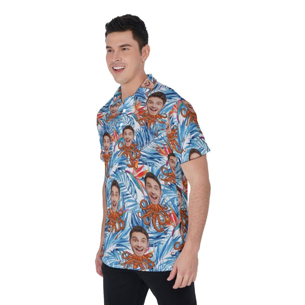 Floral Custom Face Octopus Blue Hawaiian Men's Polo Shirt
