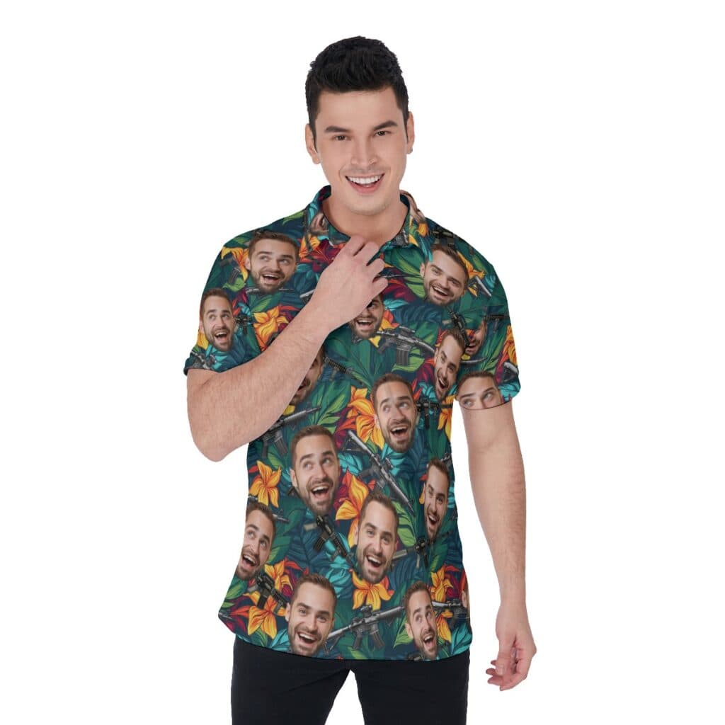 Floral Gun Hawaiian Polo Shirt With Custom Face