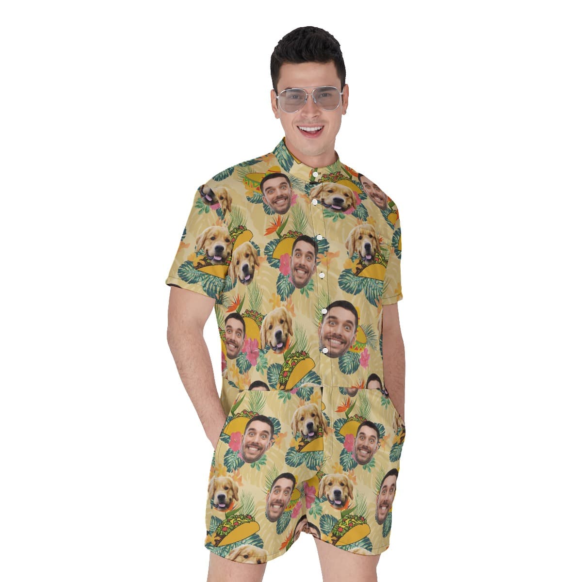 Floral Taco Men's Hawaiian Romper With Custom Face