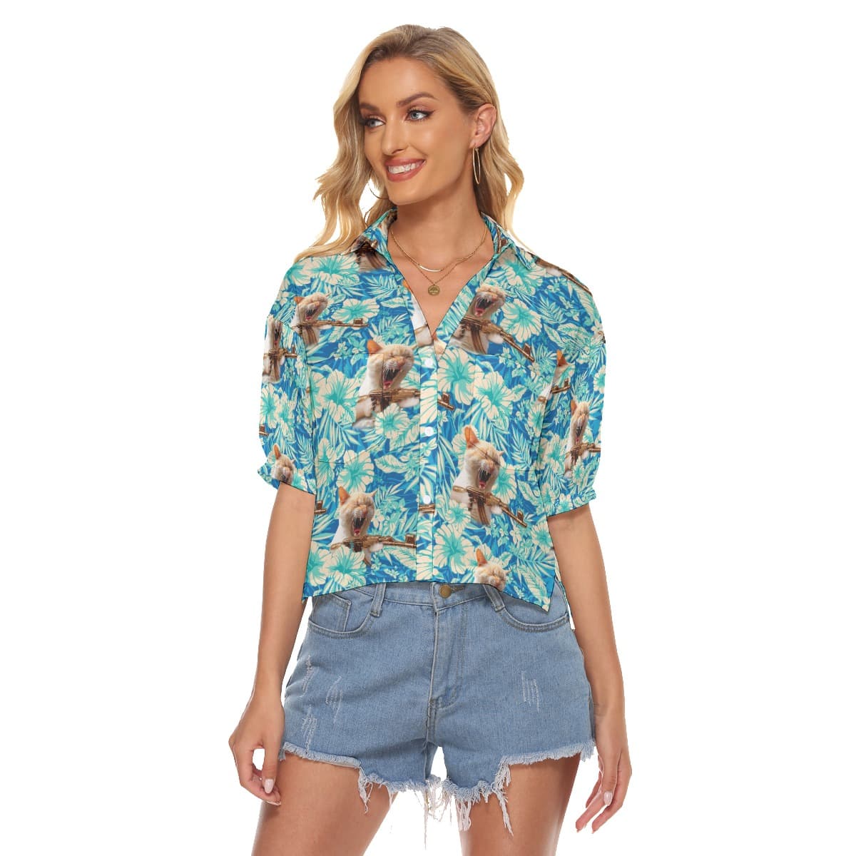 Floral Tactical Cat Gun Hawaiian Cropped Shirt For Women (1)