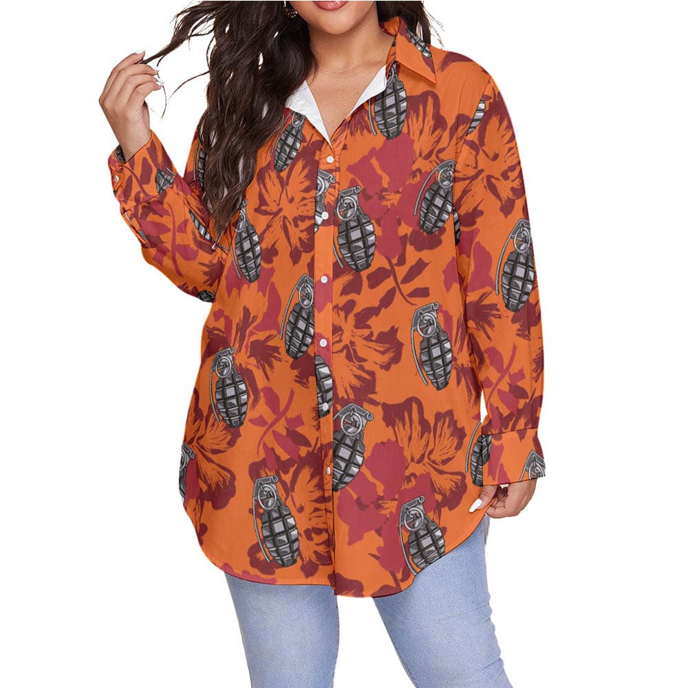 Floral Tactical Grenade Orange Hawaiian Blouse Shirt For Women
