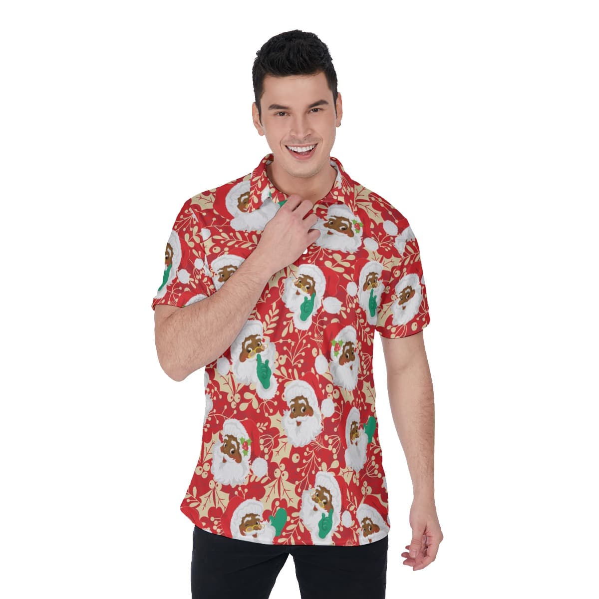 Funny African American Santa Hawaiian Polo For Christmas (1)