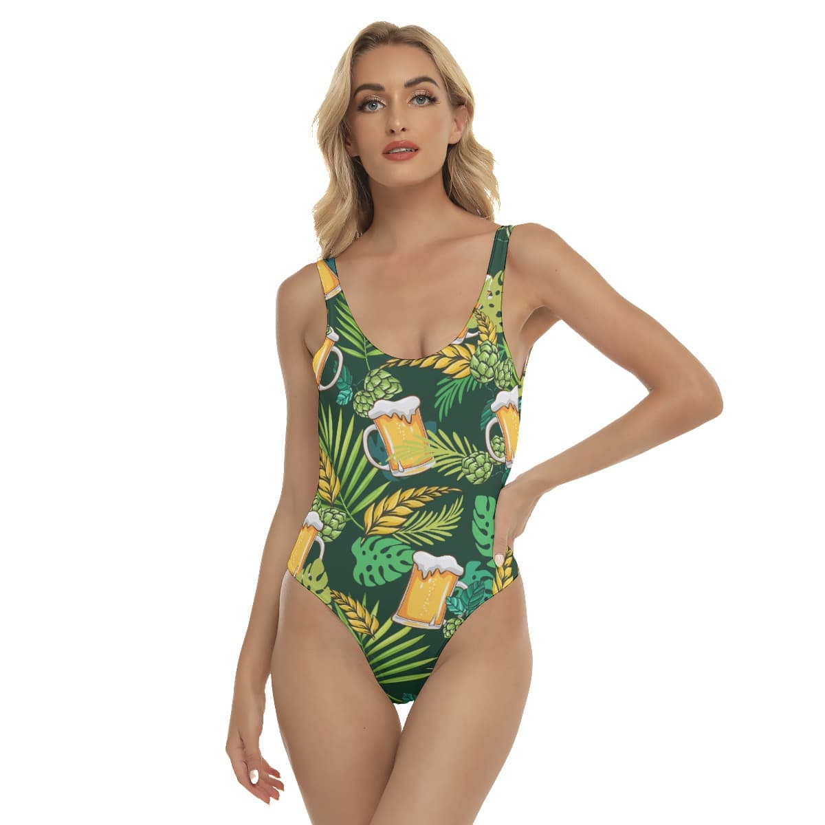 Funny Beer Tropical Green Hawaiian Swimsuit For Women (1)