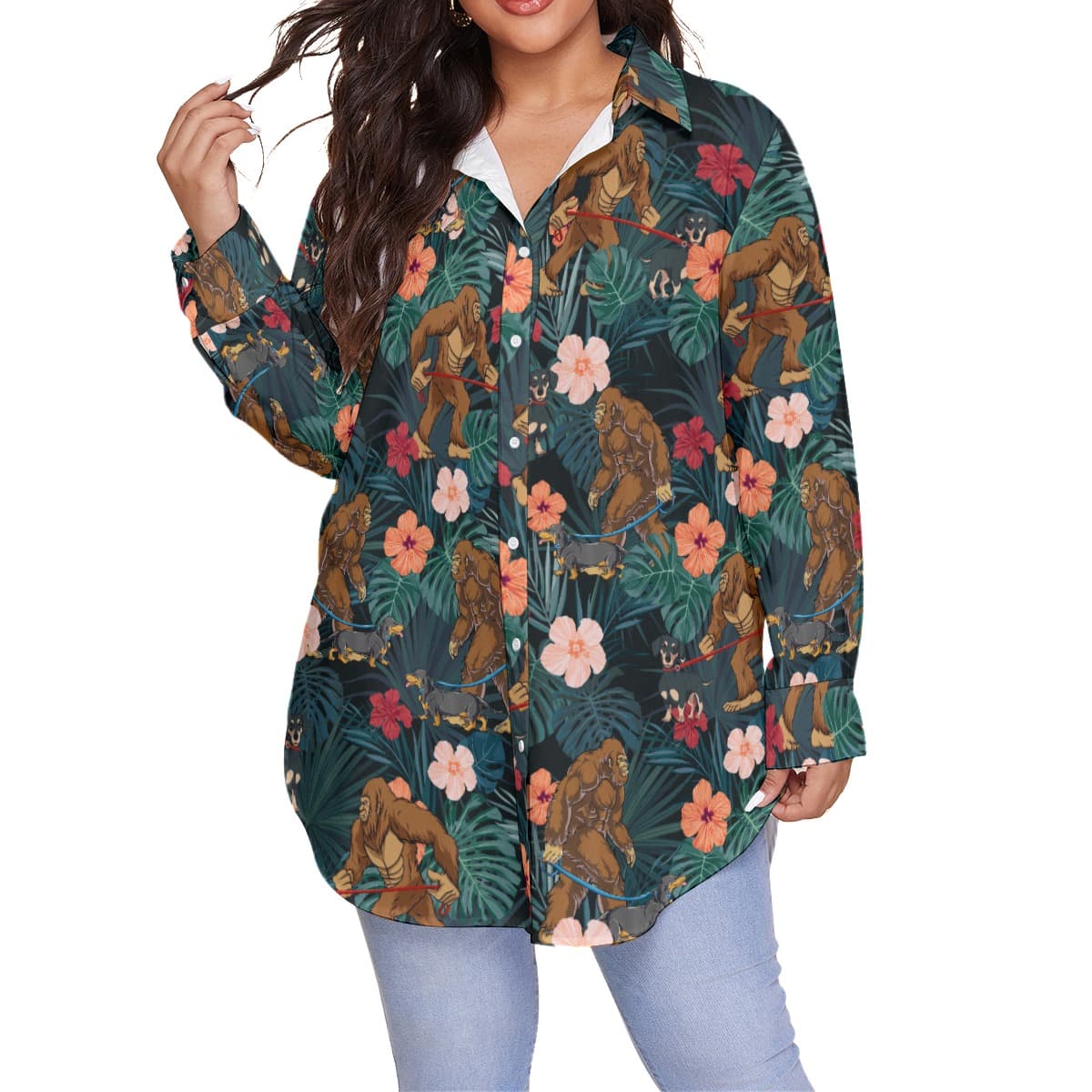 Funny Bigfoot And Dachshund Tropical Hawaiian Plus Size Shirt For Women