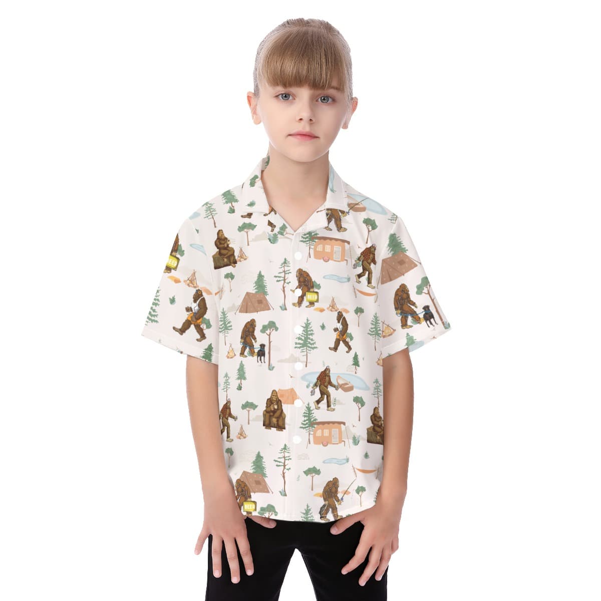 Funny Bigfoot Camping Button Up Shirt For Kids (1)