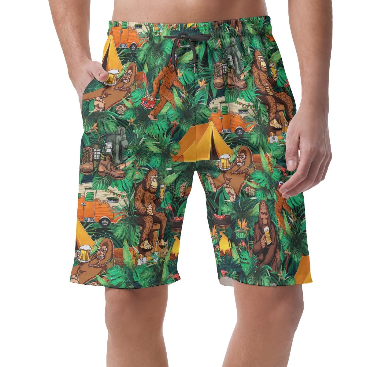 Funny Bigfoot Camping Tropical Hawaiian Beach Shorts For Men