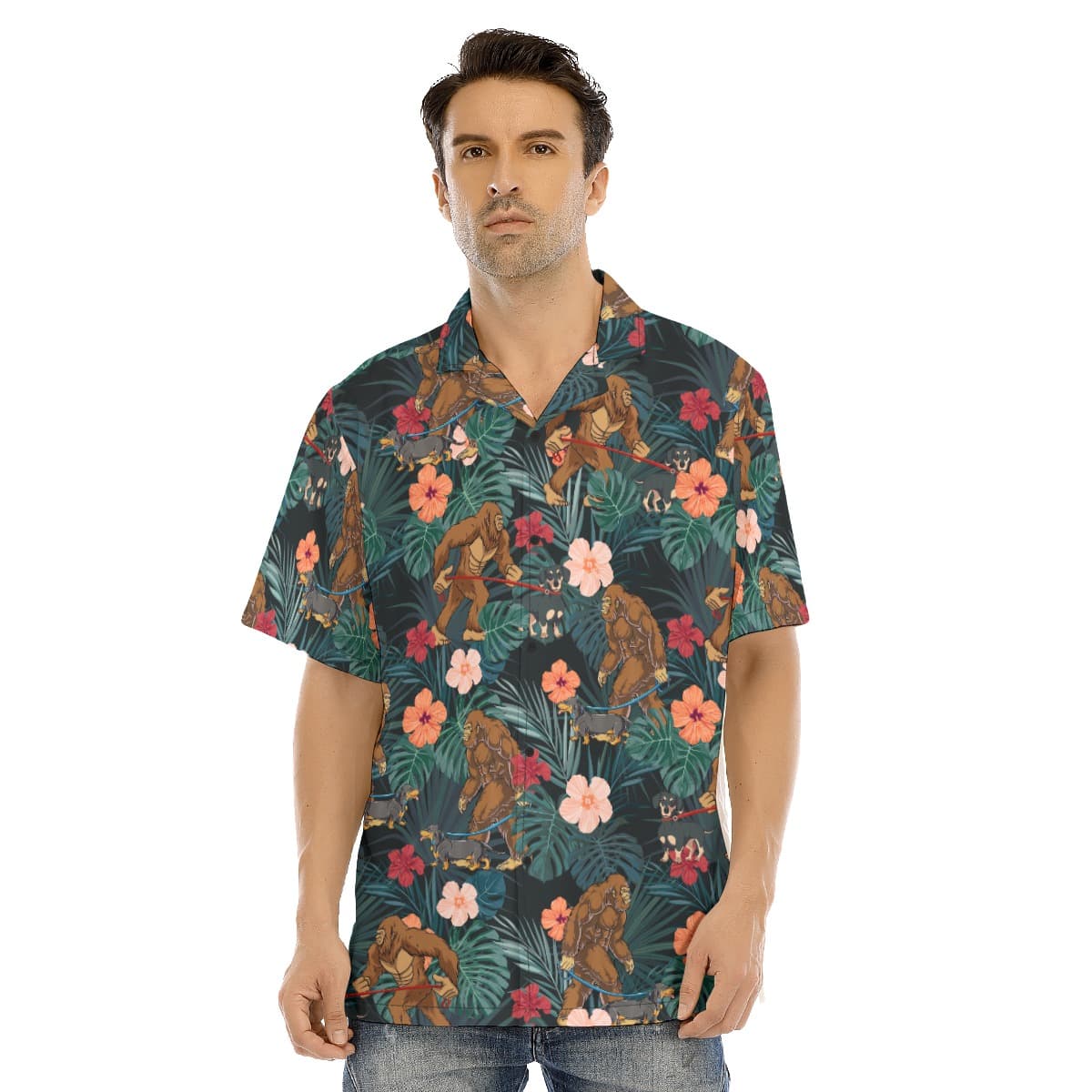 Funny Bigfoot Walking Dachshund Tropical Hawaiian Shirt