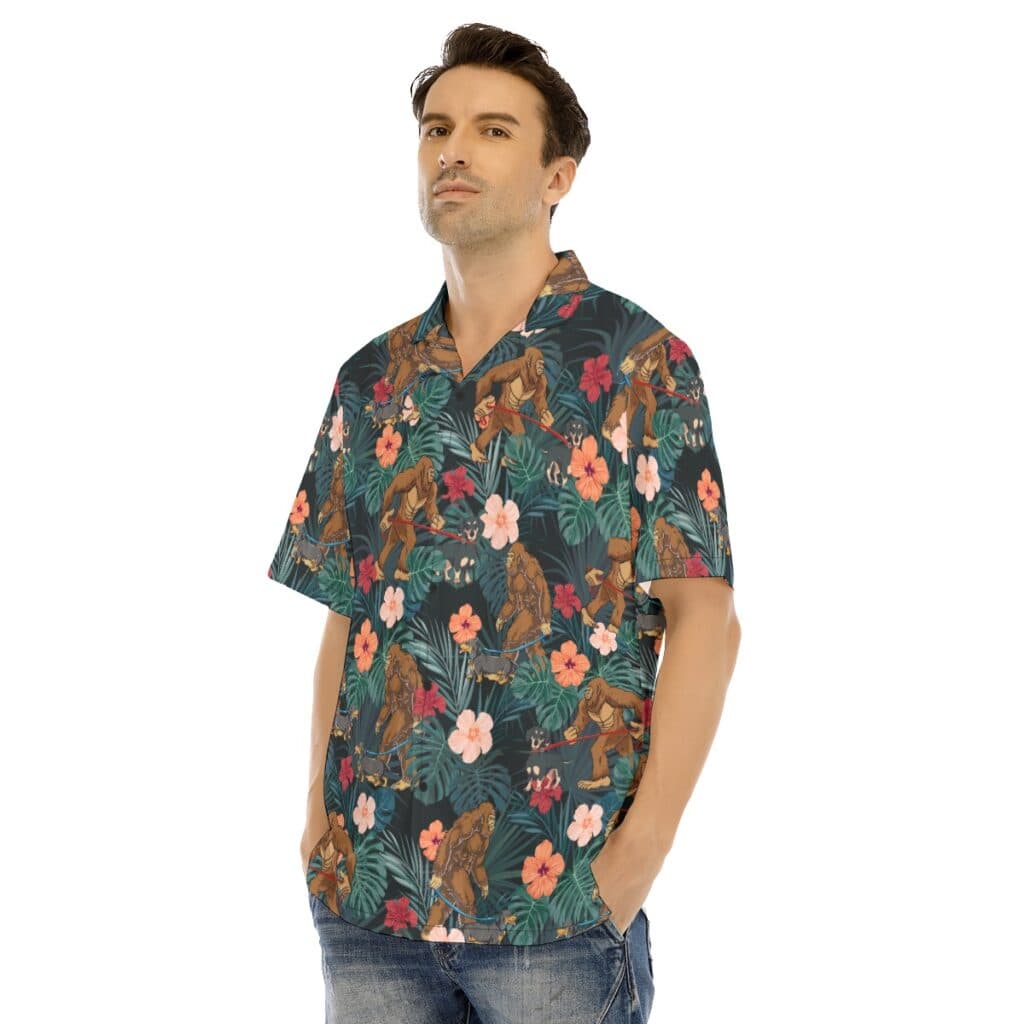 Funny Bigfoot Walking Dachshund Tropical Hawaiian Shirt