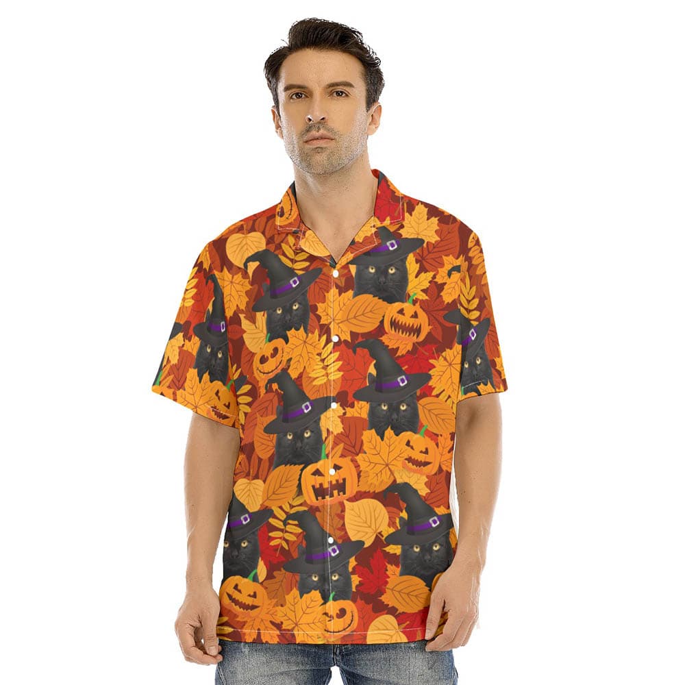 Funny Black Cat Witches Hat Halloween Hawaiian Shirt Costume (2)