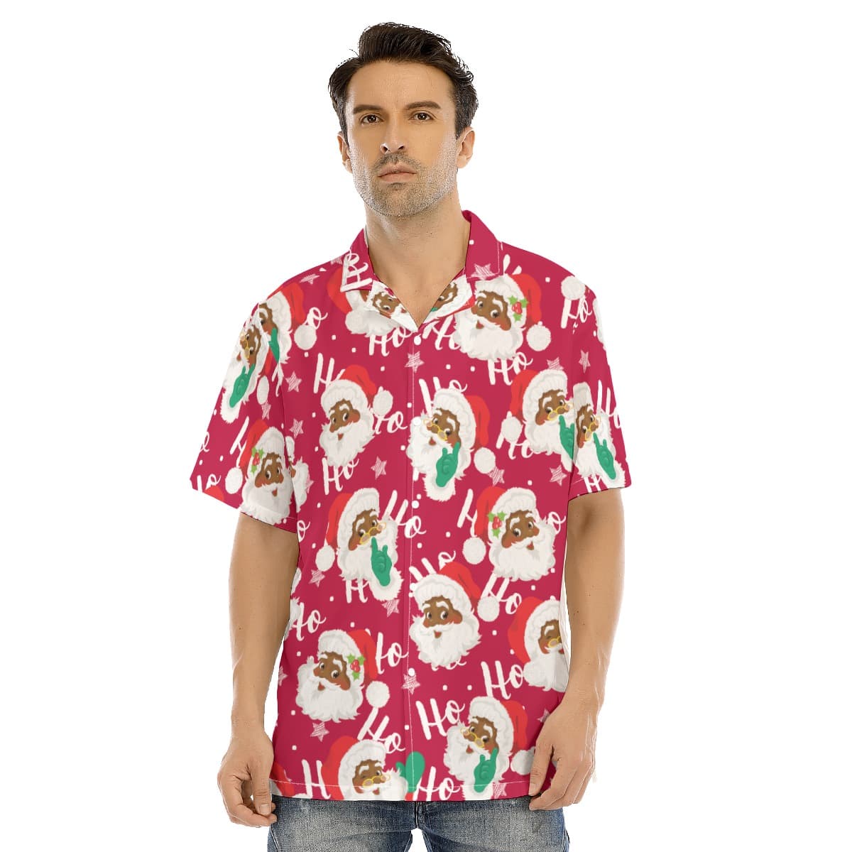 Funny Black Santa Ho Ho Ho Christmas Short Sleeve Collar Shirt (1)