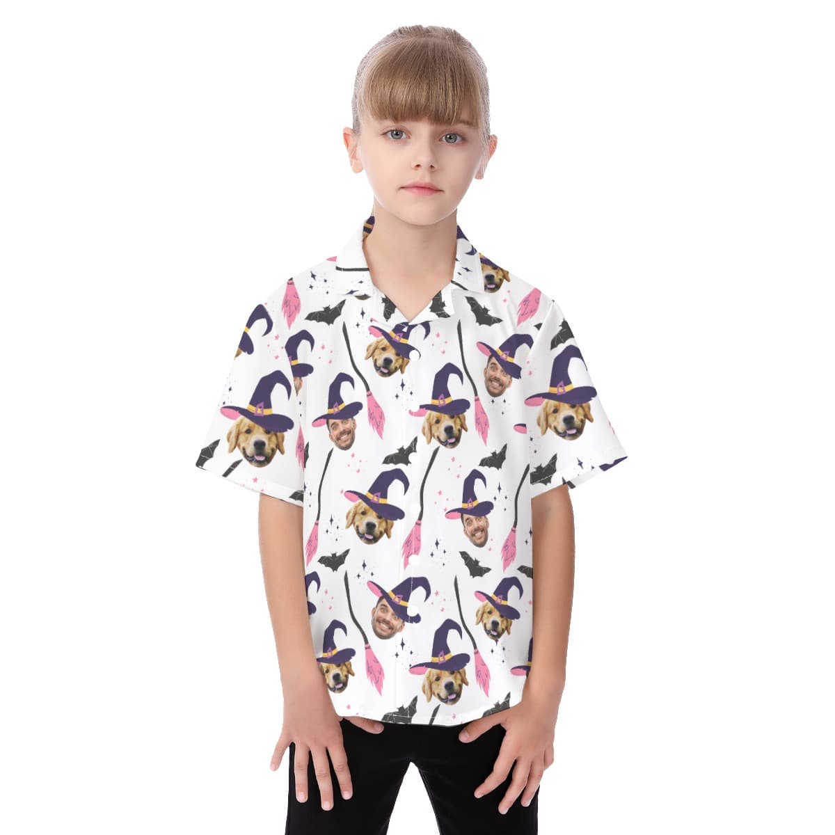 Funny Custom Face And Pet Halloween Witches Hawaiian Shirt For Kids
