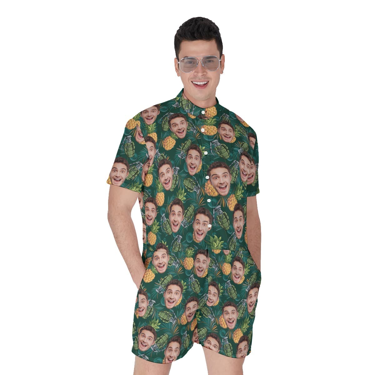 Funny Custom Face Pineapple Grenade Men’s Green Hawaiian Romper (1)