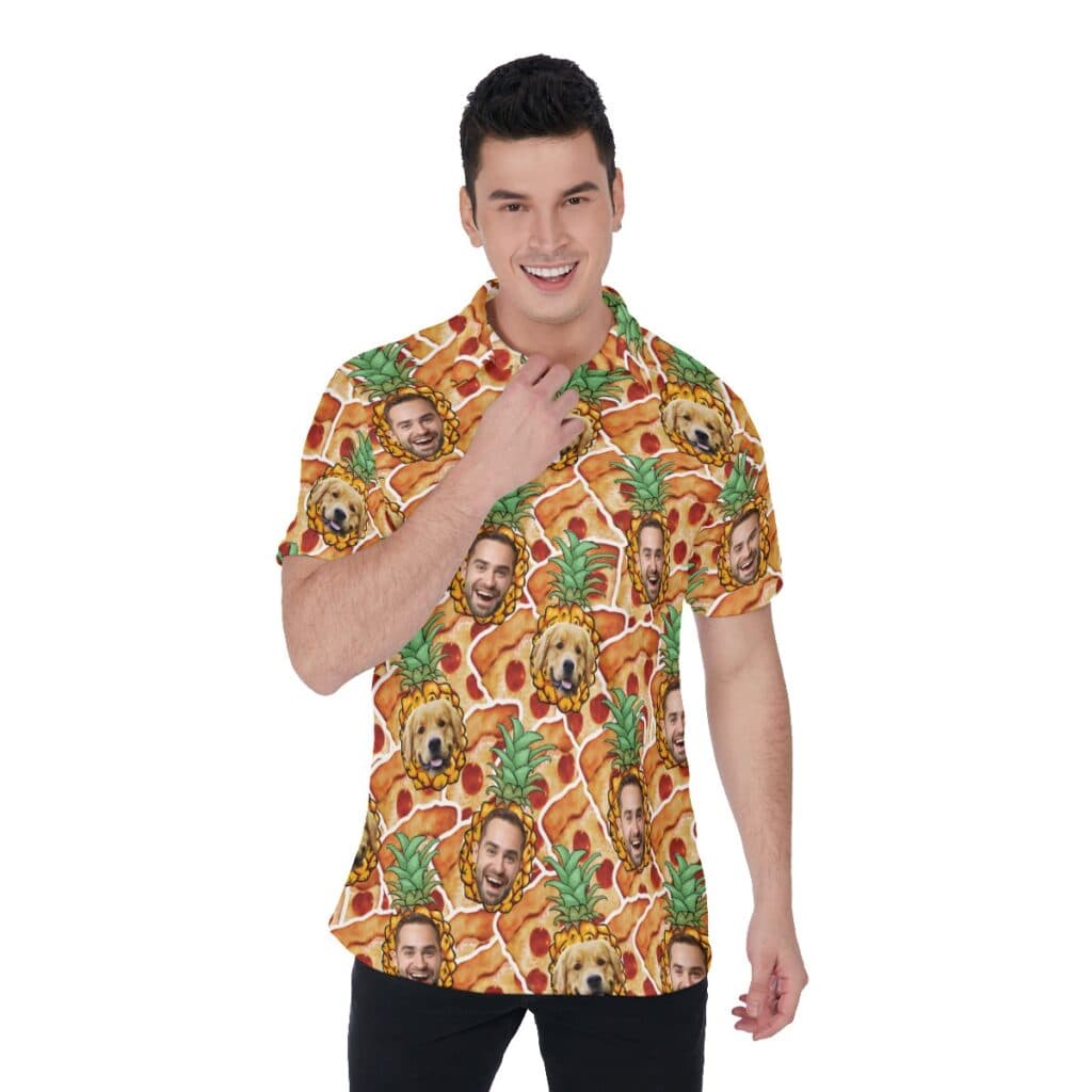 Funny Custom Face Pizza Pineapple Men's Polo Collared Shirt (1)