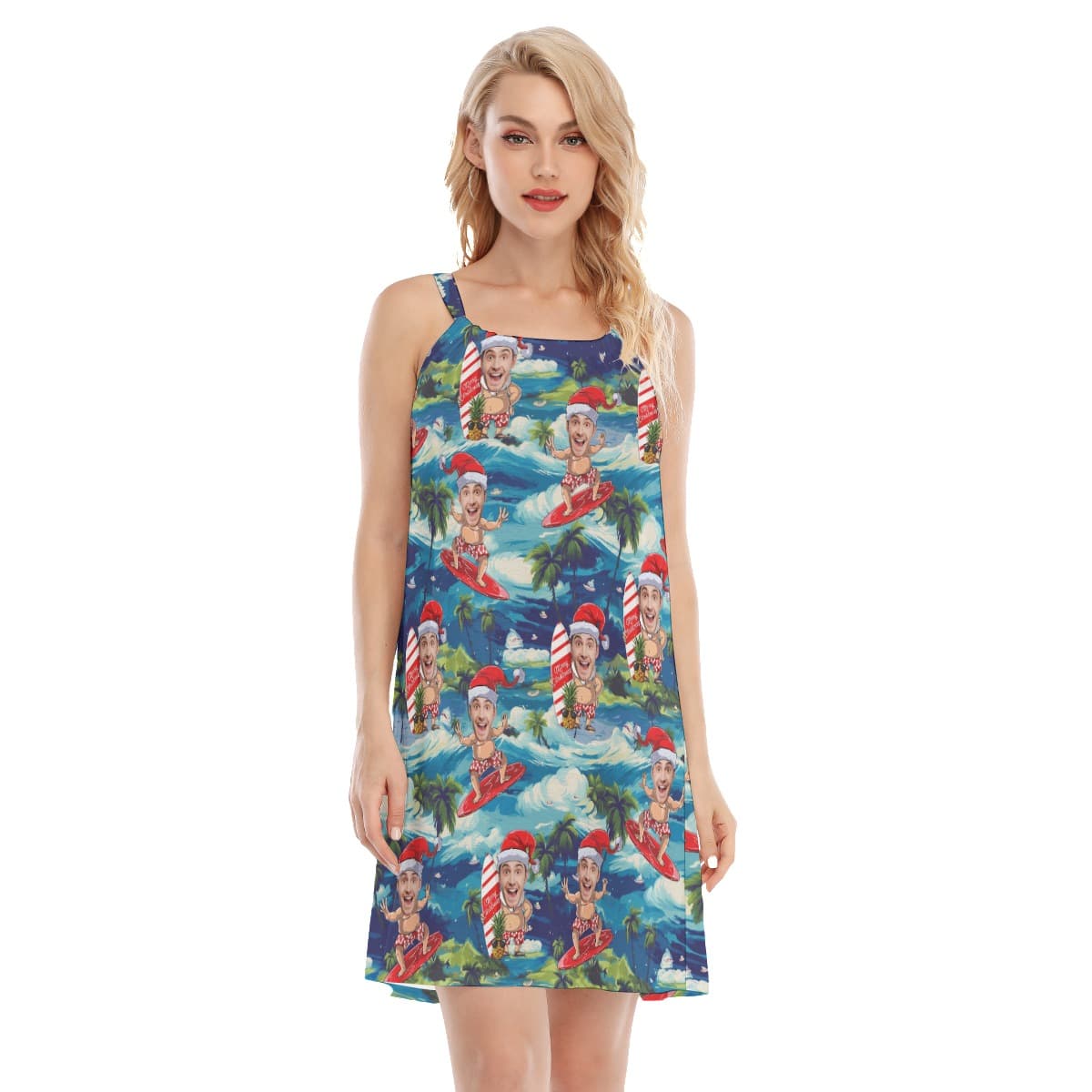 Funny Custom Face Santa Surfing Tropical Aloha Cami Dresses For Women (1)