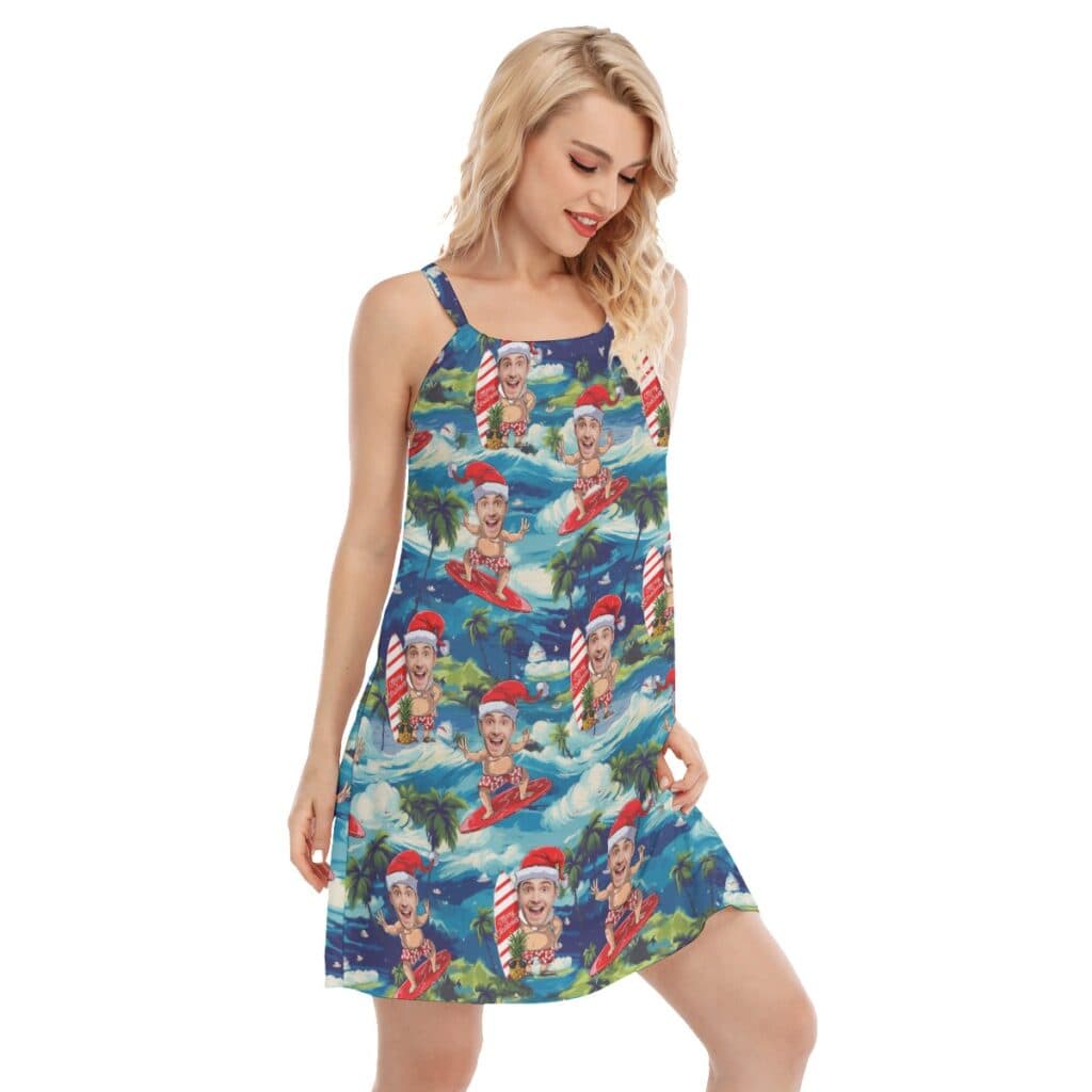 Funny Custom Face Santa Surfing Tropical Aloha Cami Dresses For Women