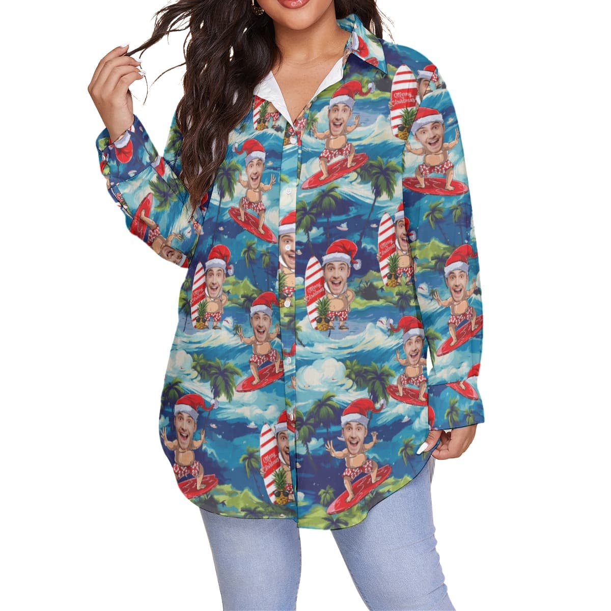 Funny Custom Face Santa Surfing Tropical Hawaiian Long Sleeve Blouse Shirt For Women (1)