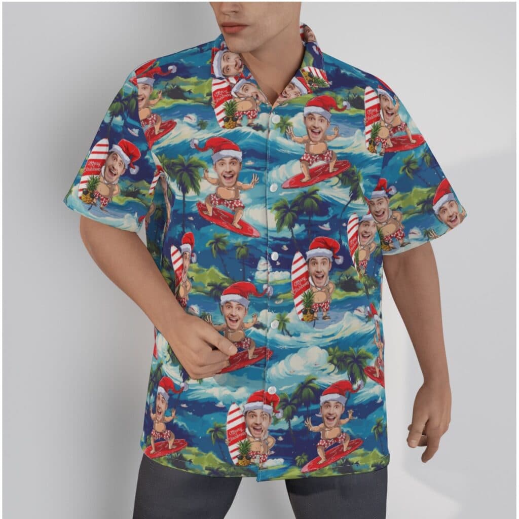 Funny Custom Face Santa Surfing Tropical Hawaiian Shirt