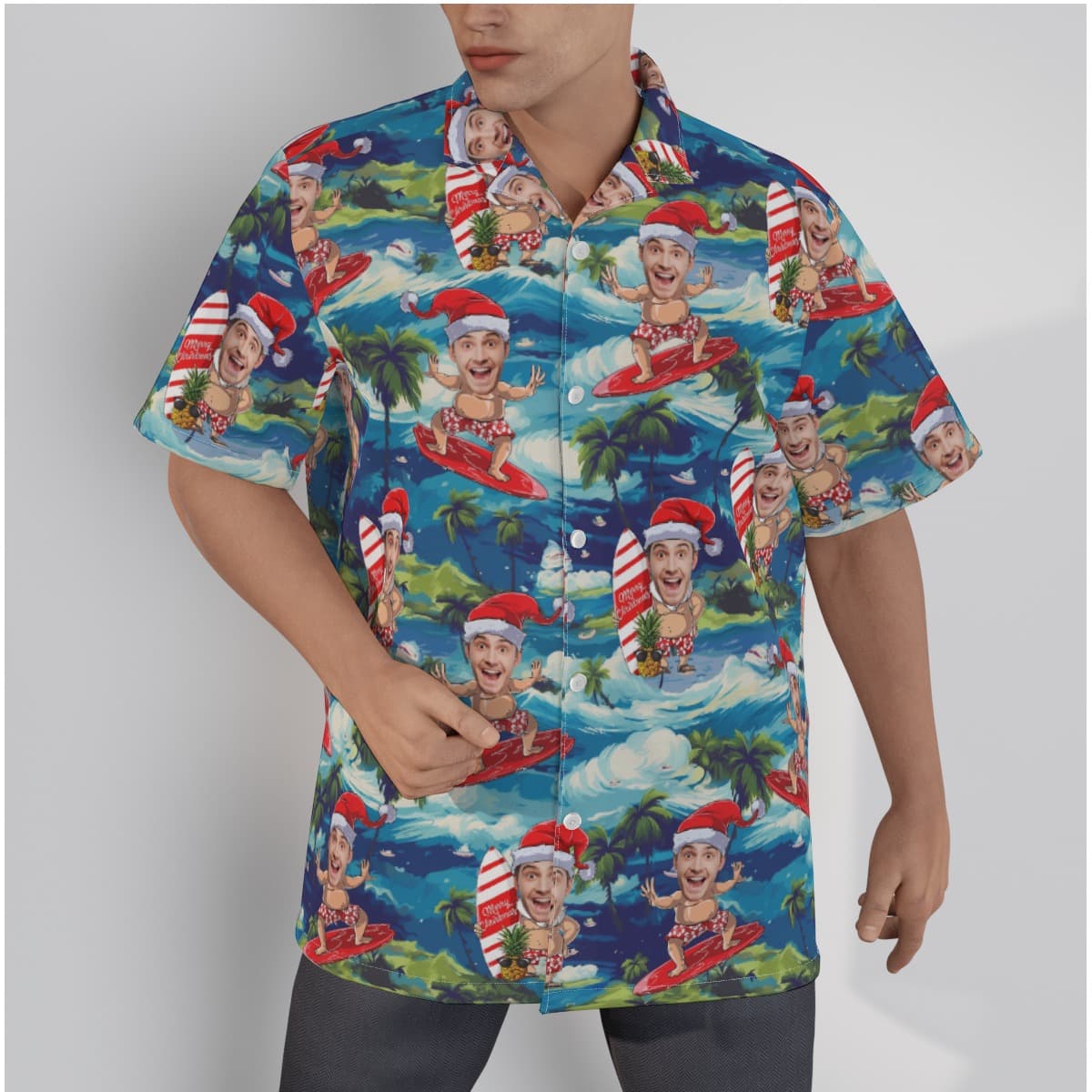Funny Custom Face Santa Surfing Tropical Hawaiian Shirt