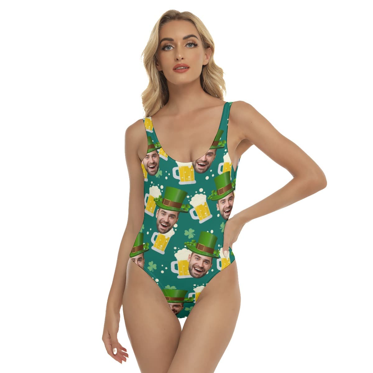 Funny Custom Face St Patrick Beer Hawaiian Swimsuit For Women (1)