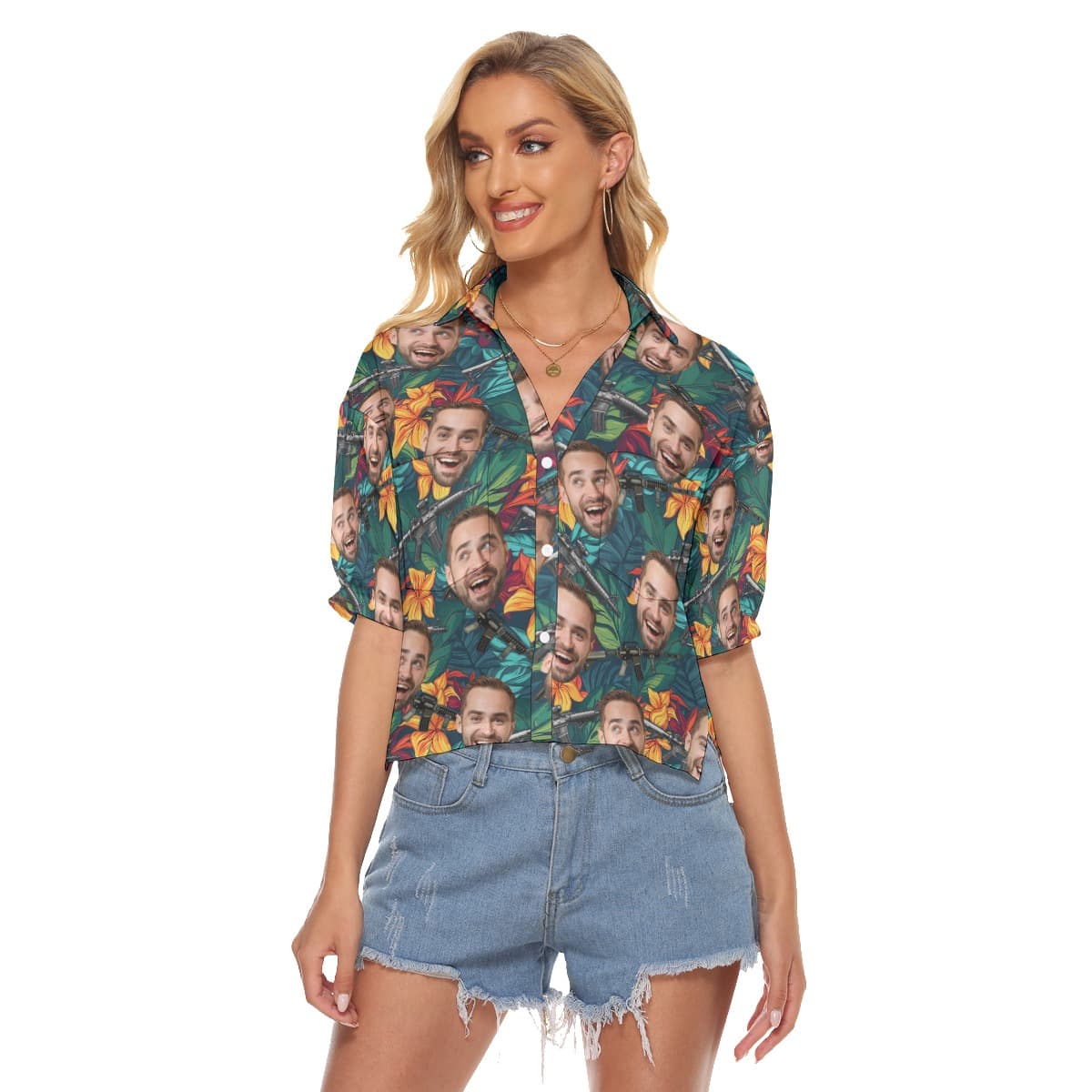 Funny Custom Face Tactical Floral Hawaiian Crop Top Shirt For Women (1)