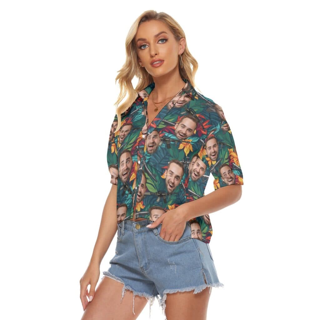 Funny Custom Face Tactical Floral Hawaiian Crop Top Shirt For Women
