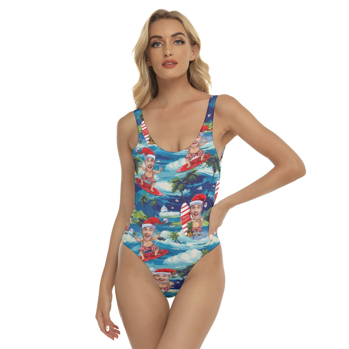 Funny Custom Face With Santa Claus Surfing Hawaiian Swimsuit For Women (1)