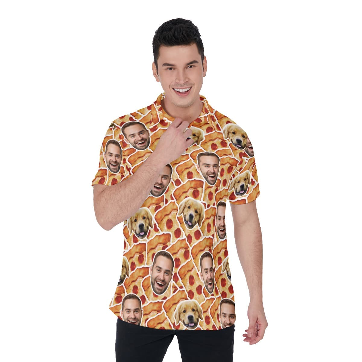 Funny Custom Faces On A Pizza Polo Golf Shirt For Men (1)