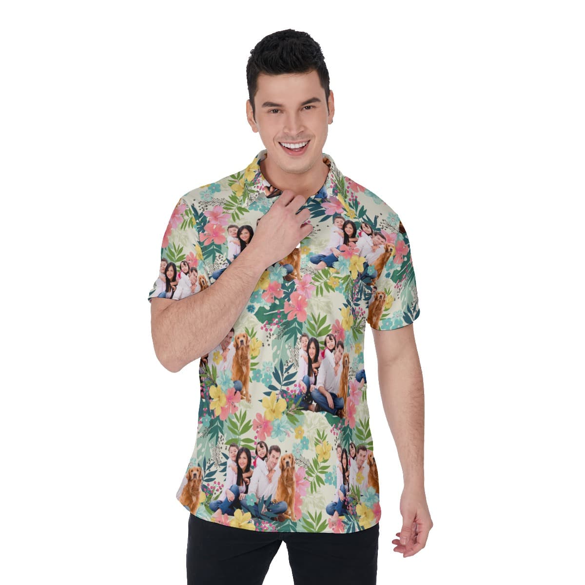 Funny Custom Family Images Floral Hawaiian Men's Polo Shirt