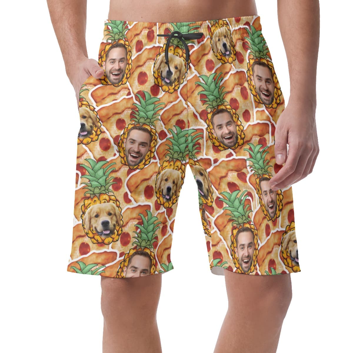 Funny Custom Pet Face Pineapple Pizza Hawaiian Shorts For Men