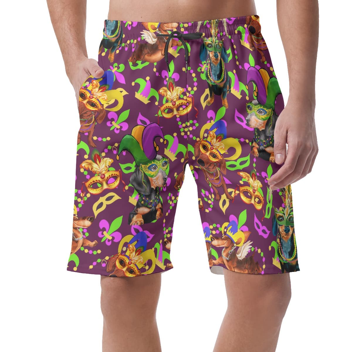 Funny Dachshund Mardi Gras Festival Hawaiian Beach Shorts For Men