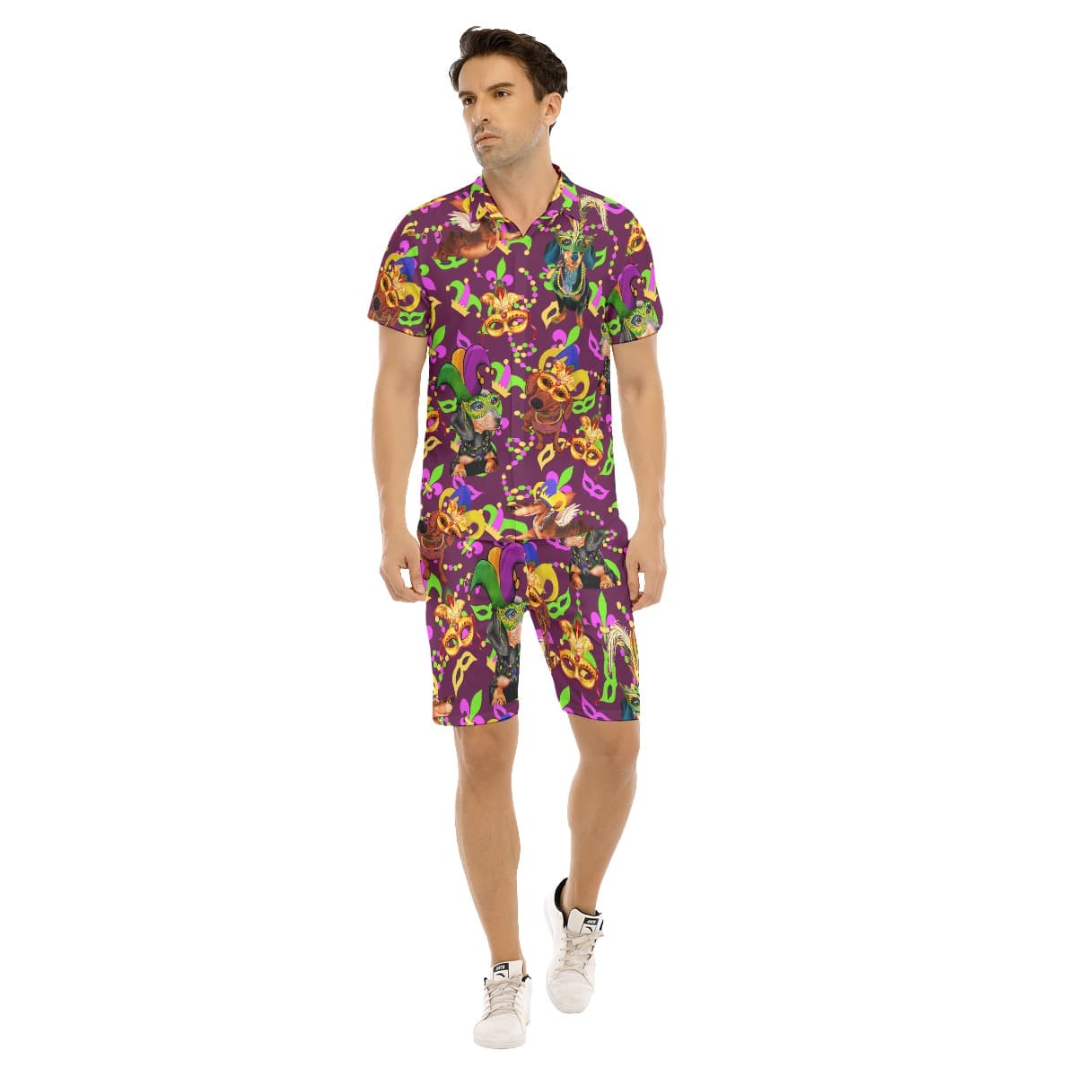 Funny Dachshund Mardi Gras Hawaiian Shirt Set For Men (1)