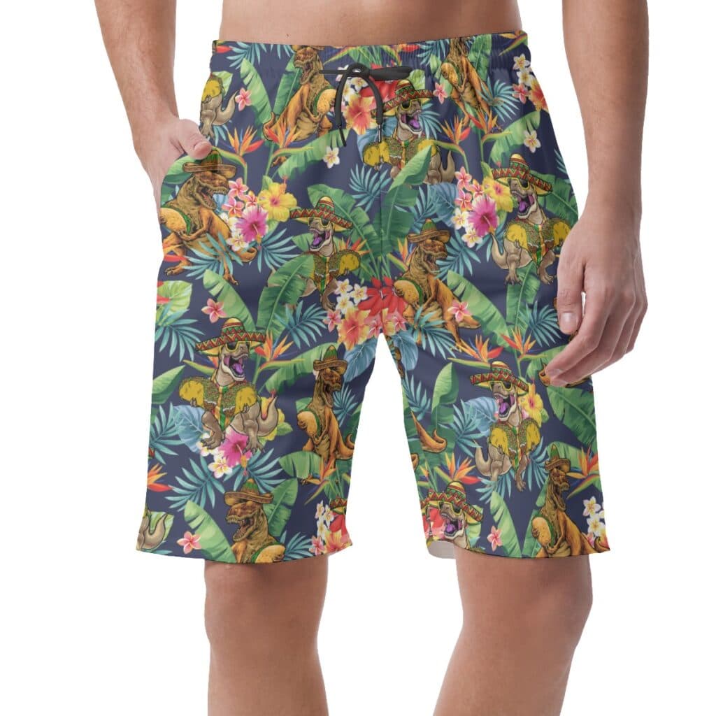 Funny Dinosaur Taco Tropical Flowers Hawaiian Beach Shorts