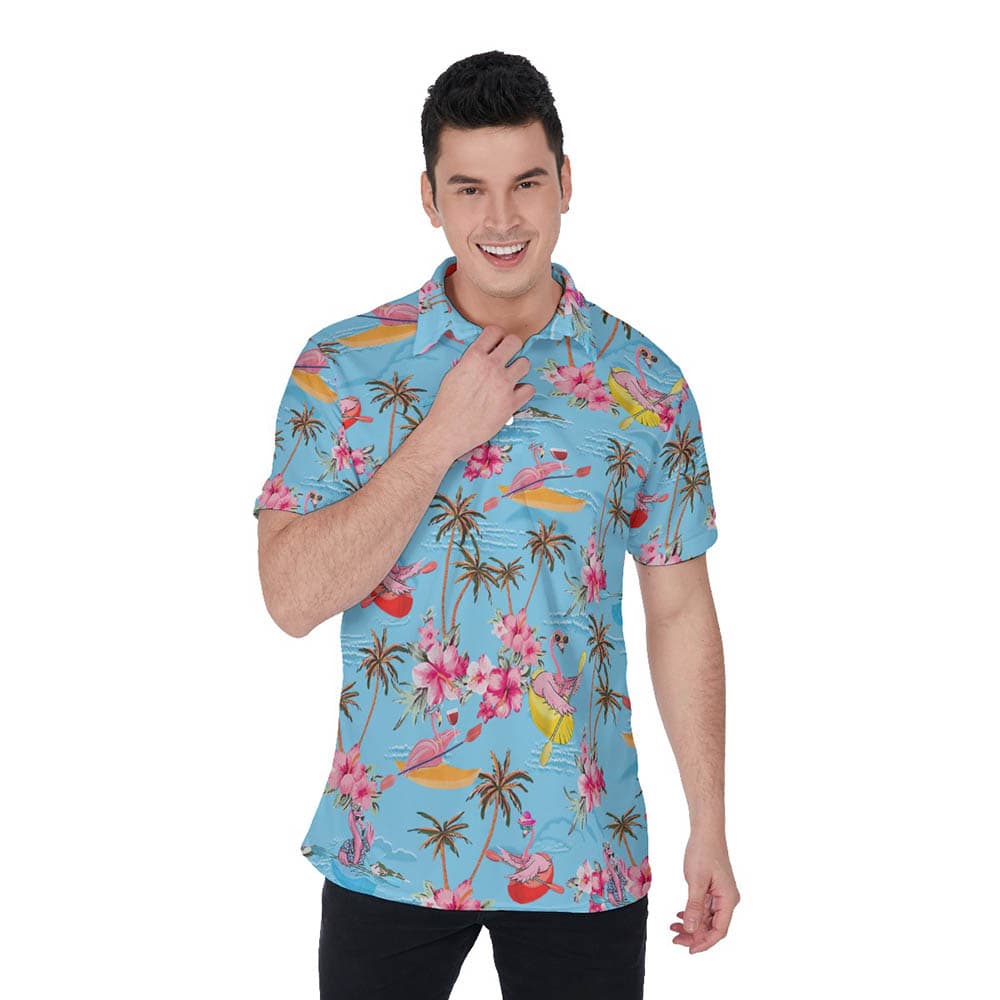 Funny Flamingo Kayaking Tropical Blue Hawaiian Polo Shirt For Men