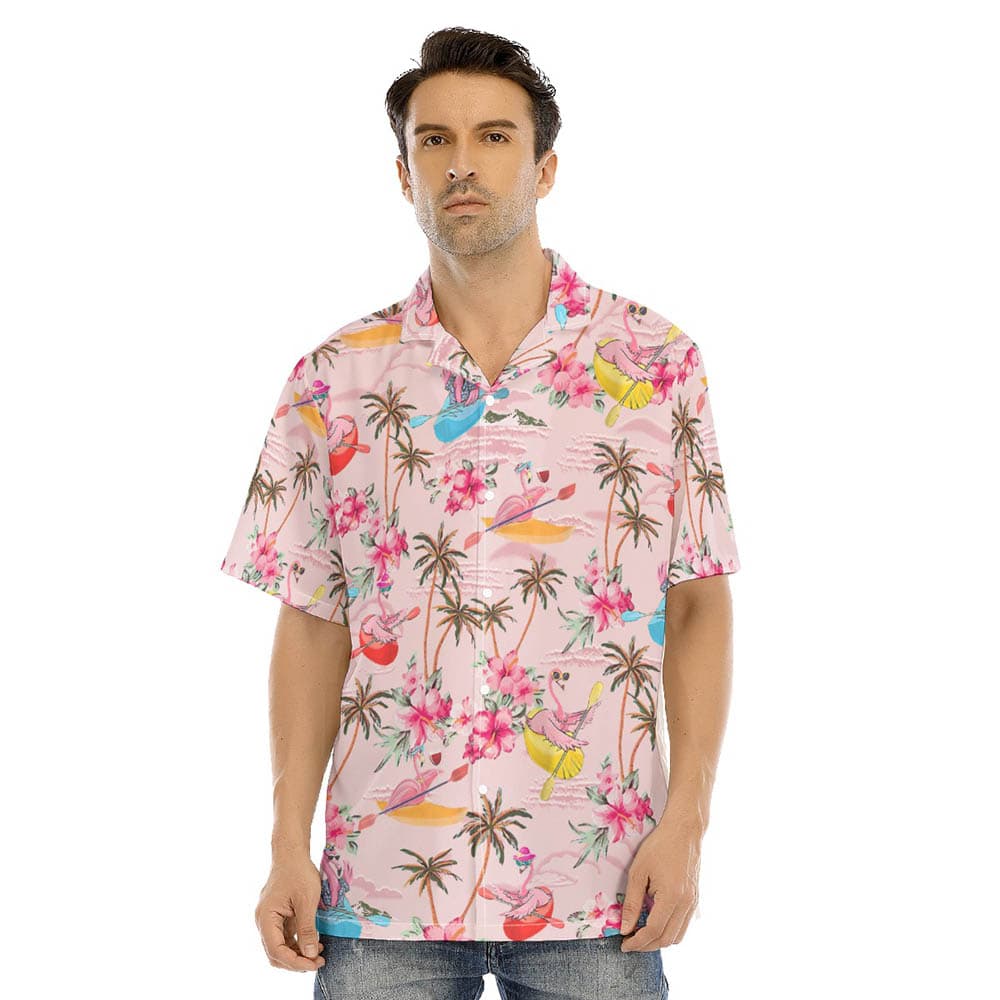 Funny Flamingo Kayaking Tropical Hibiscus Pink Hawaiian Shirt