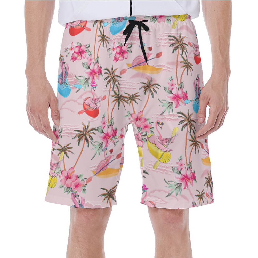 Funny Flamingo Kayaking Tropical Hibiscus Pink Hawaiian Swimwear For Men