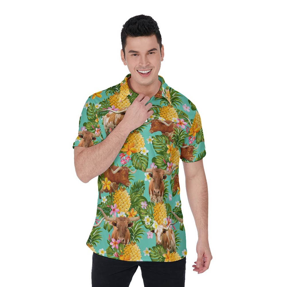 Funny Longhorn Cow Tropical Pineapple Hawaiian Polo Shirt