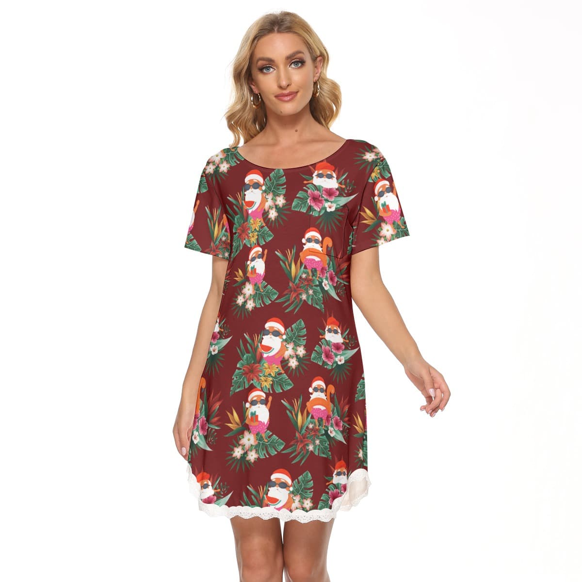 Funny Santa Going Swimming Hawaiian Christmas Lace Dress For Women