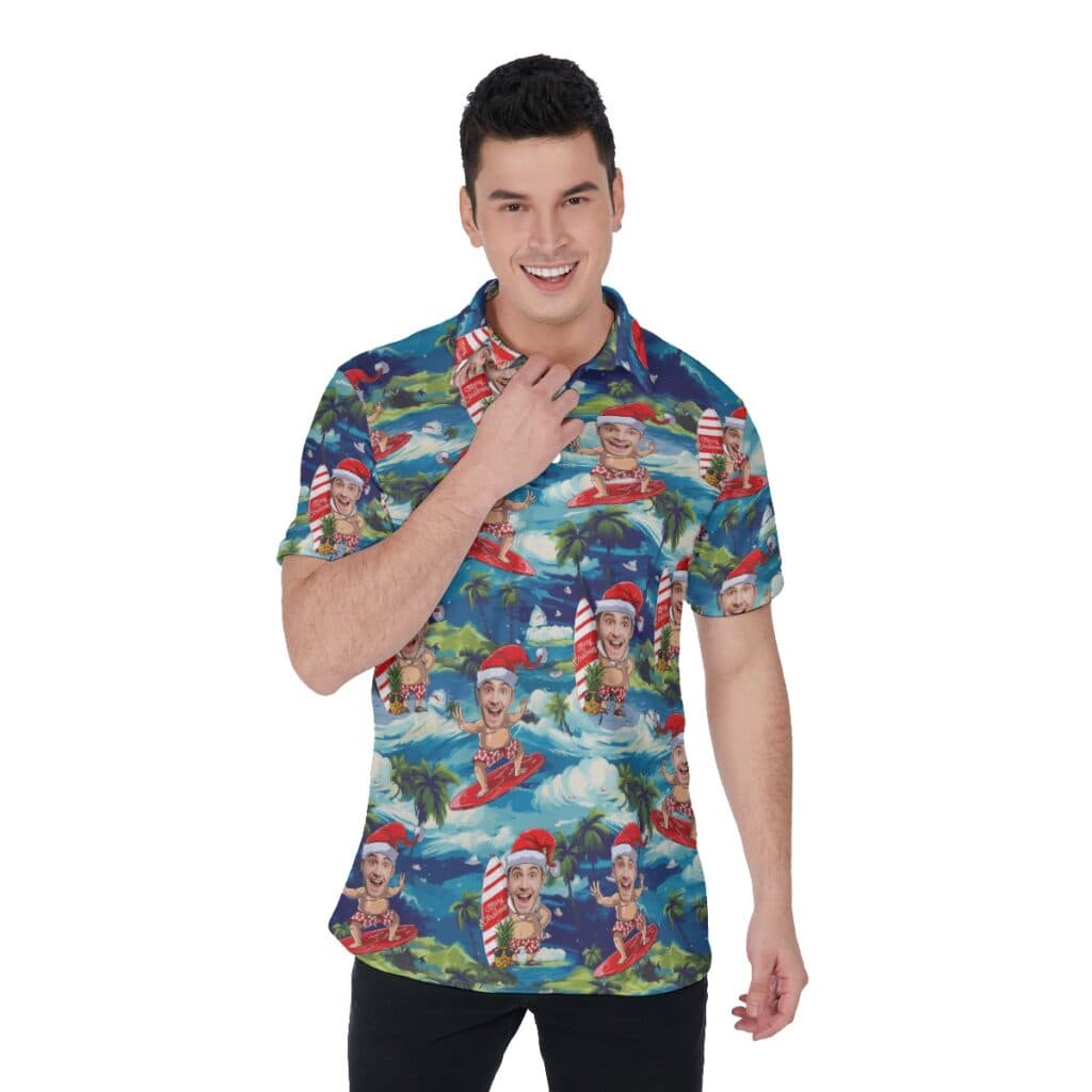Funny Santa Surfing Tropical Custom Face Hawaiian Men's Polo Shirt