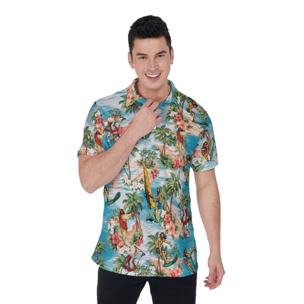 Funny Surfing Jesus Hawaiian Christmas Polo Shirt For Men (1)