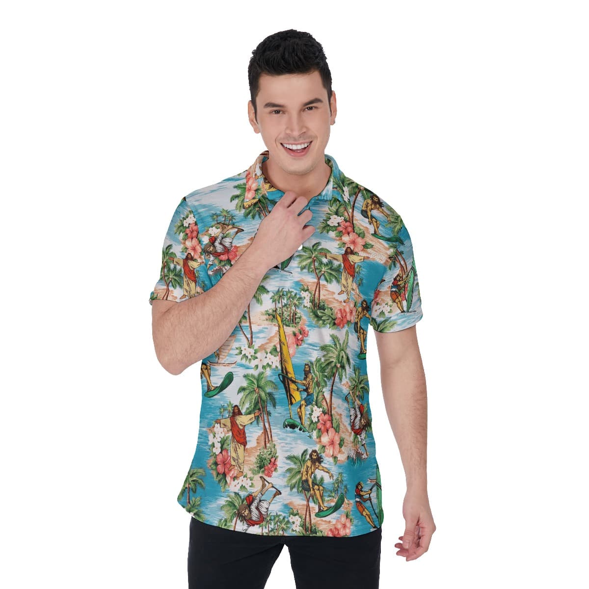 Funny Surfing Jesus Hawaiian Christmas Polo Shirt For Men (1)