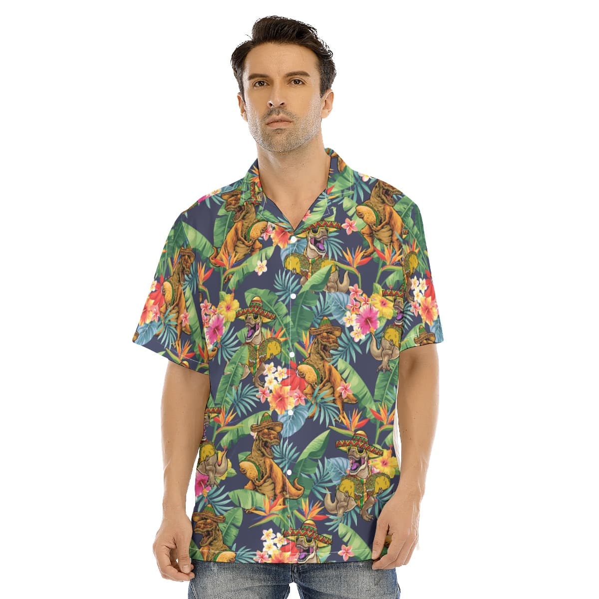 Funny Taco Dinosaur Tropical Hibiscus Hawaiian Collared Shirt