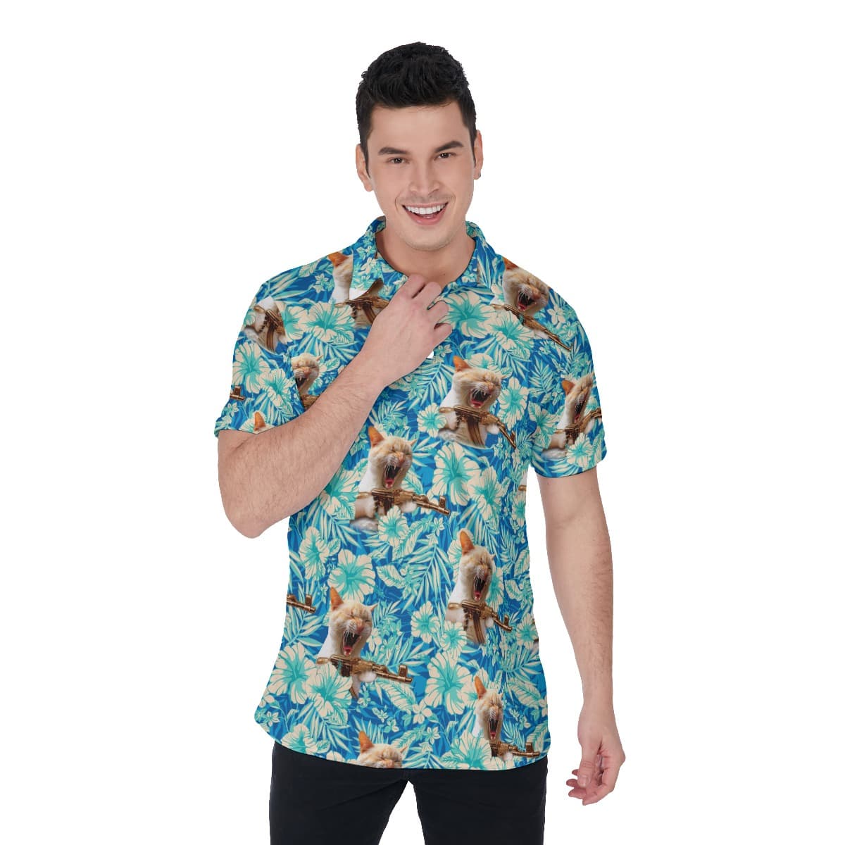 Funny Tactical Cat With Gun Blue Floral Hawaiian Men's Polo Shirt