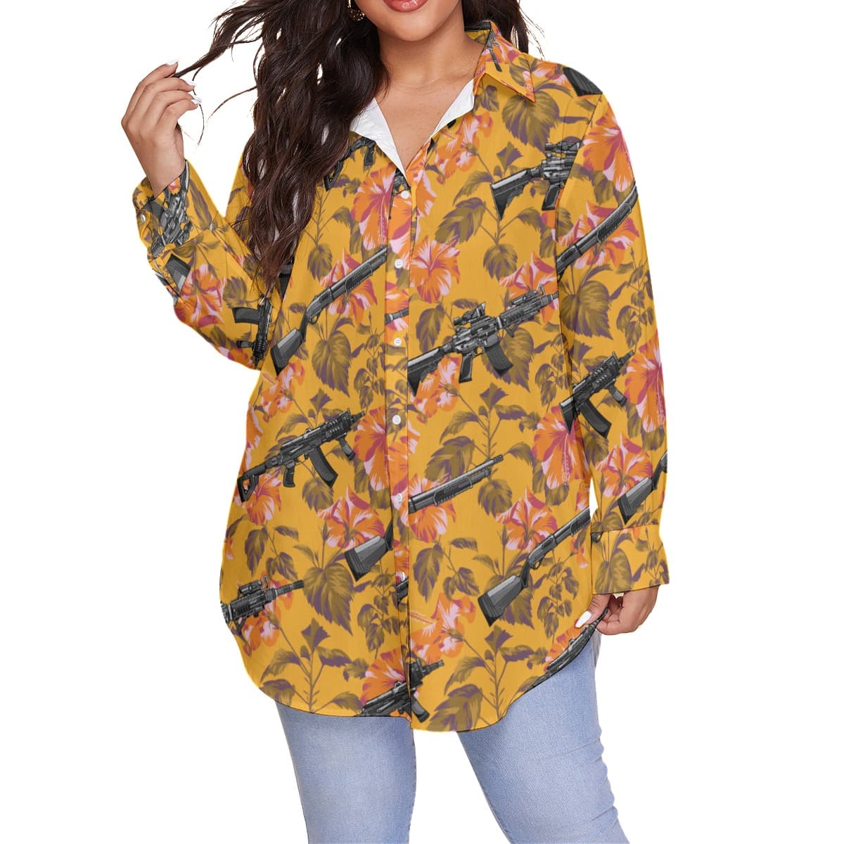 Funny Tactical Hibiscus Hawaiian Plus Size Shirt For Women