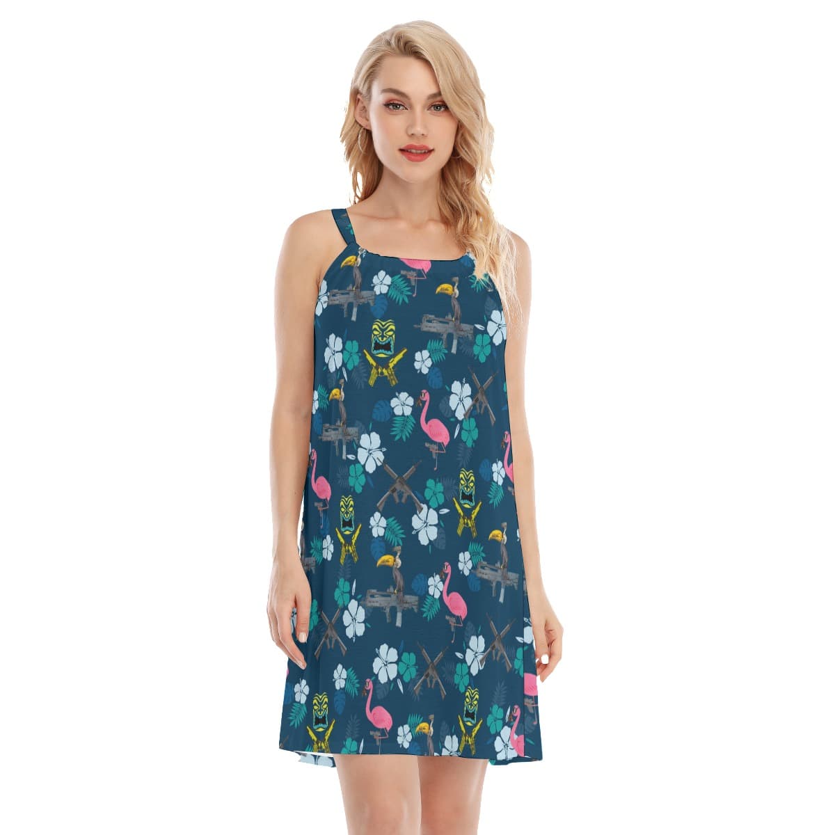 Funny Tactical Parrot Tiki Navy Hawaiian Cami Dresses For Women (1)
