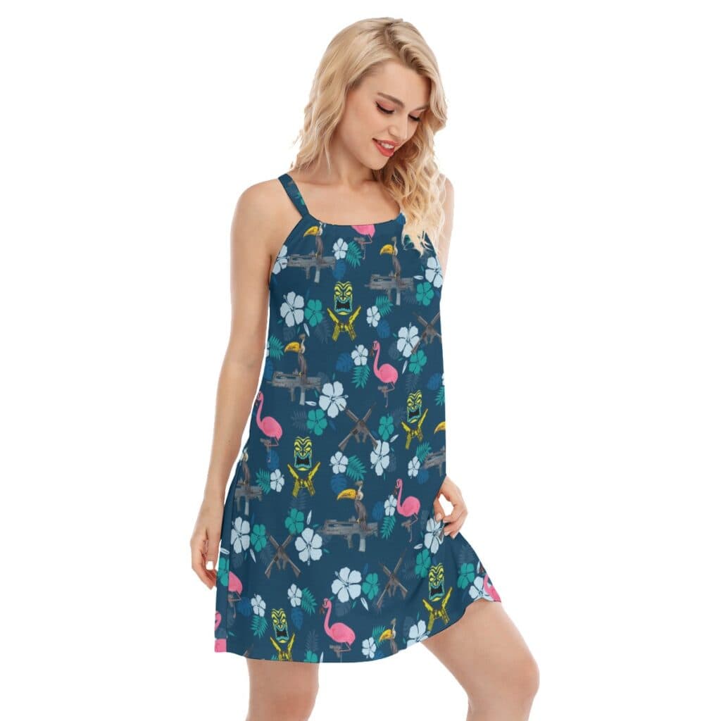 Funny Tactical Parrot Tiki Navy Hawaiian Cami Dresses For Women
